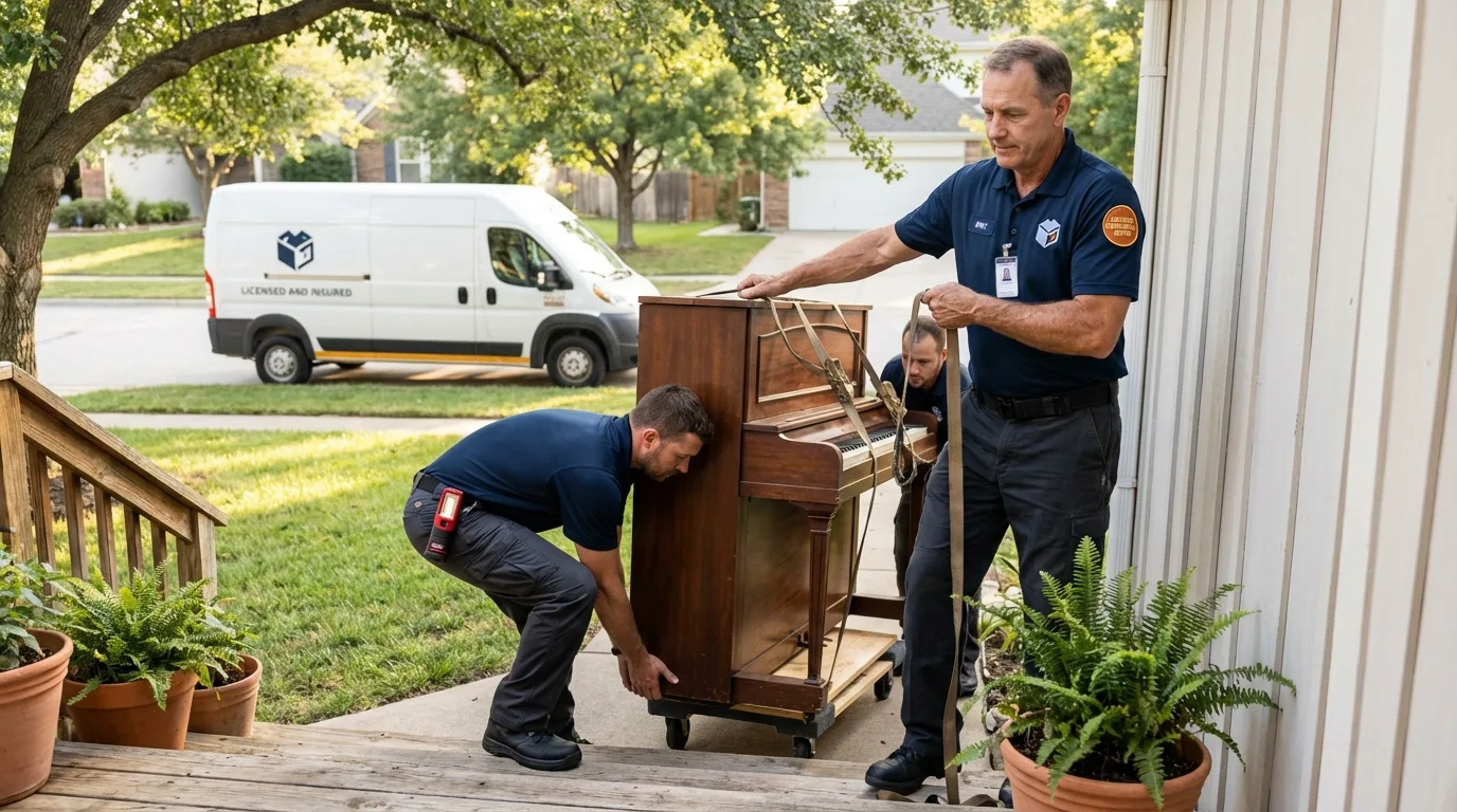 Licensed piano movers securing grand piano in Clarion, PA
