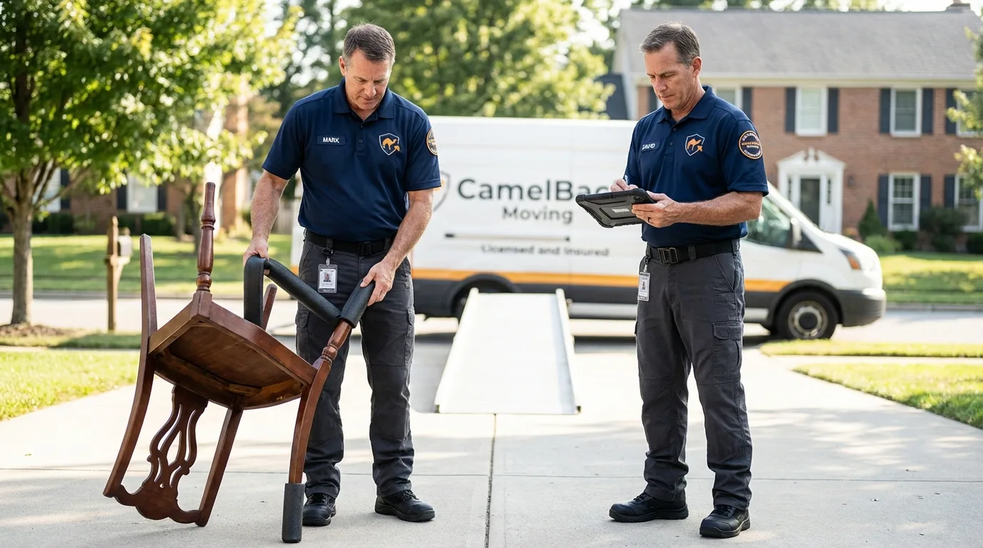 Movers inspecting furniture for damage prevention before loading in Clarion, PA