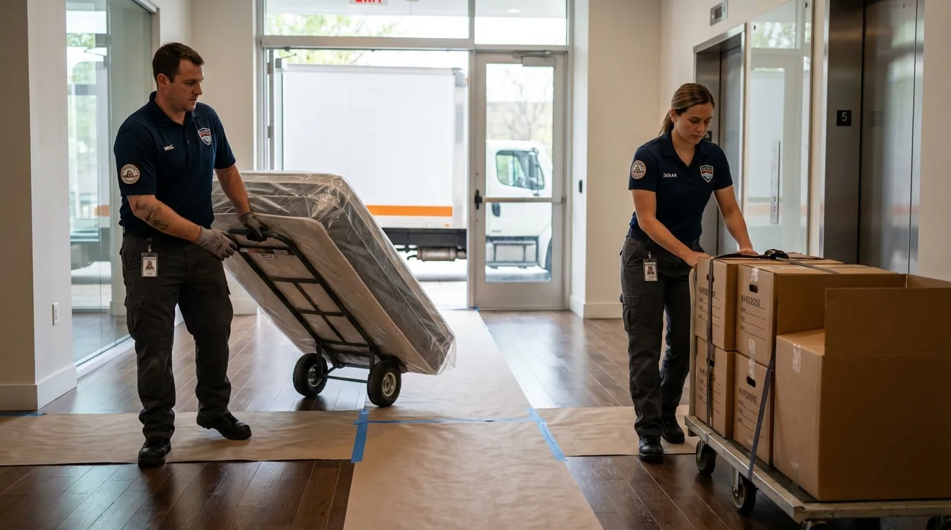 Professional apartment movers loading elevator in Clarion, PA